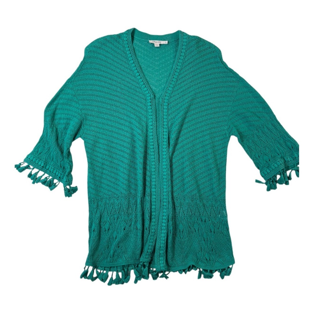 Chico's Cardigan Sweater Womens Medium Green Fringe Tassel 3/4 Sleeve Cottage